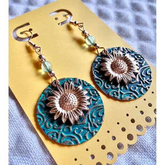 New Aqua Circle Disk & Golden Sunflower Beaded Retro 90s Style Earrings - 2.75" - Picture 2 of 4